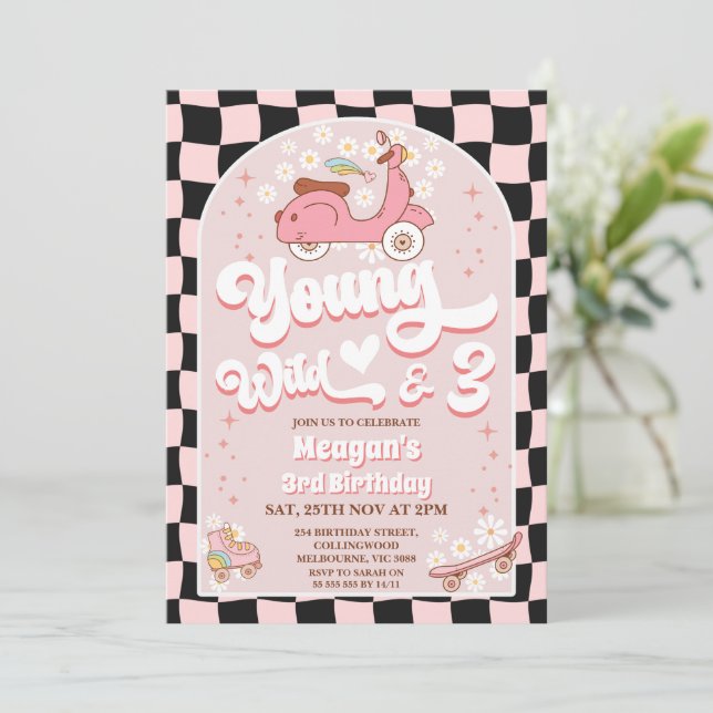 Scooter Pink Young Wild and Three 3rd Birthday Invitation (Standing Front)
