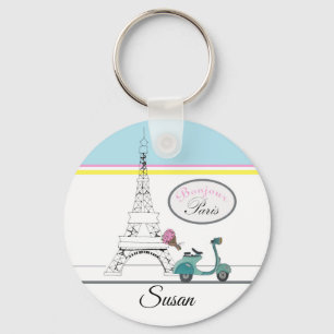 Scooter riding past the Eiffel Tower Paris France Key Ring