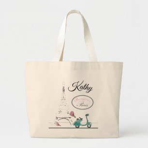 Scooter riding past the Eiffel Tower Paris France Large Tote Bag