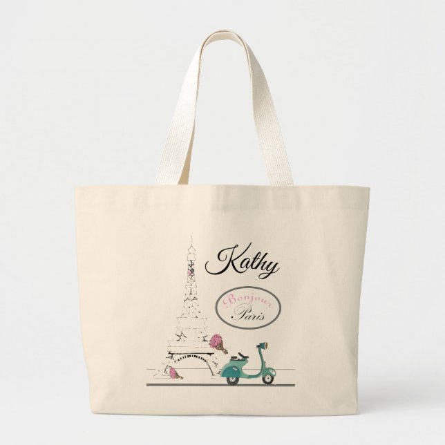 Scooter riding past the Eiffel Tower Paris France Large Tote Bag (Front)