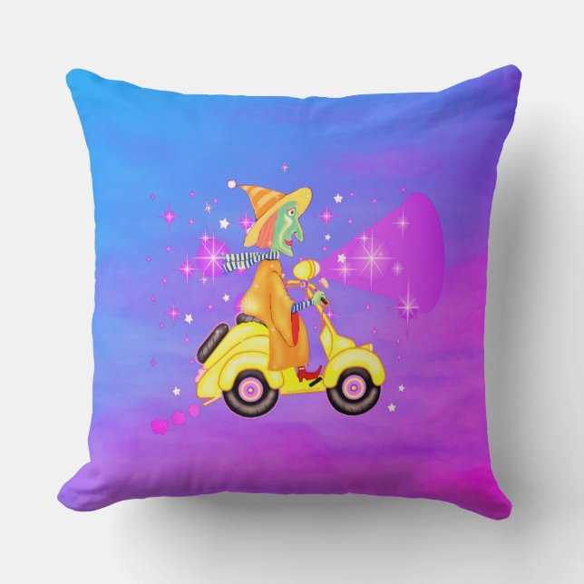 Scooter Witch Throw Pillow (Front)