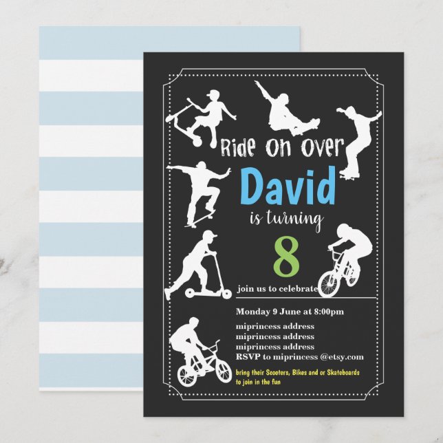 Scooters, Bikes and or Skateboards, ride on over Invitation (Front/Back)