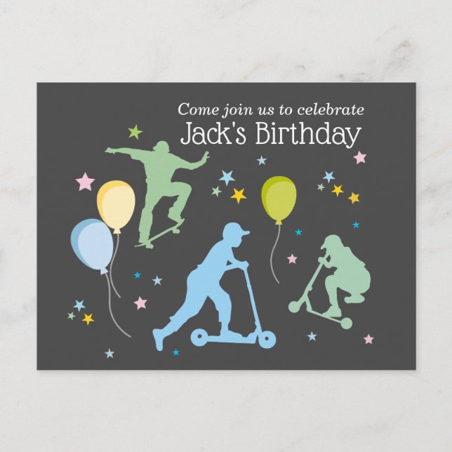 Scooters, Bikes, Skateboards, ride on over Invitation Postcard (Front)