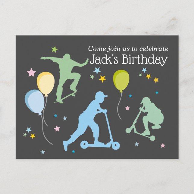 Scooters, Bikes, Skateboards, ride on over Invitation Postcard (Front)