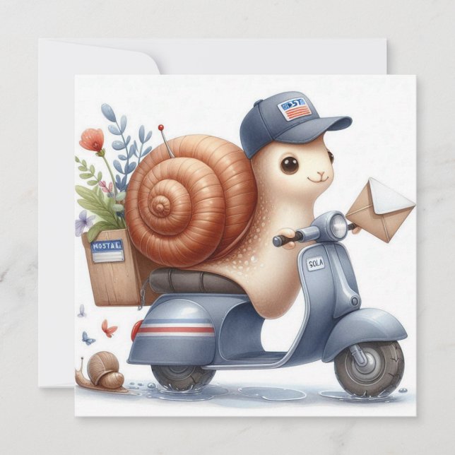 “Scootin’ Snail Mail” Whimsical Greeting Card (Front)