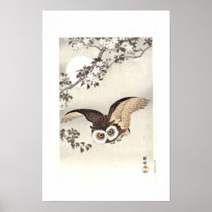 Scops Owl, Cherry Blossoms, and Moon Poster