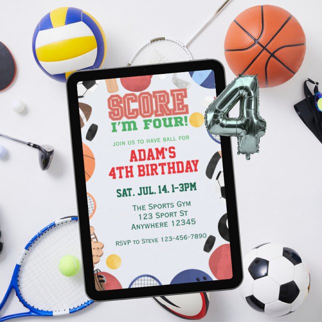 Score I'm Four, Sports 4th Birthday Invitation (Creator Uploaded)