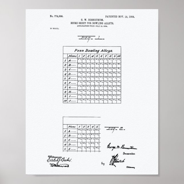 Score Sheet Bowling 1904 Patent Art White Paper Poster (Front)