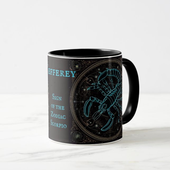 Scorpio Birthday Gift Add Name Black Coffee Mug (Front Right)