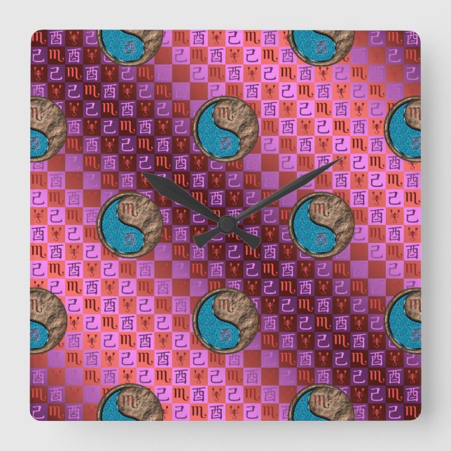 Scorpio & Earth Rooster Square Wall Clock (Front)