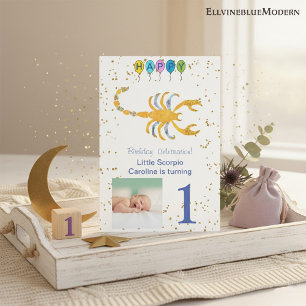 Scorpio First Birthday Gold, Balloons & Photo Invitation