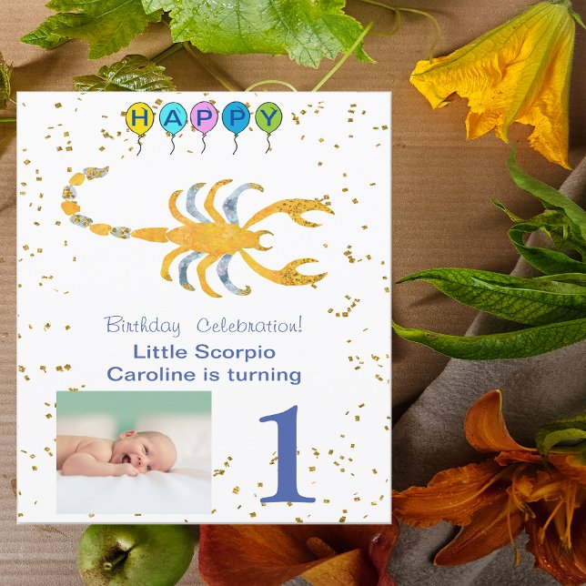 Scorpio First Birthday Gold, Balloons & Photo Invitation (Creator Uploaded)