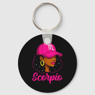 Scorpio Girl Pink Cap Zodiac Birthday Afro Women G Key Ring