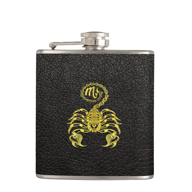 Scorpio Gold on Leather Hip Flask (Front)