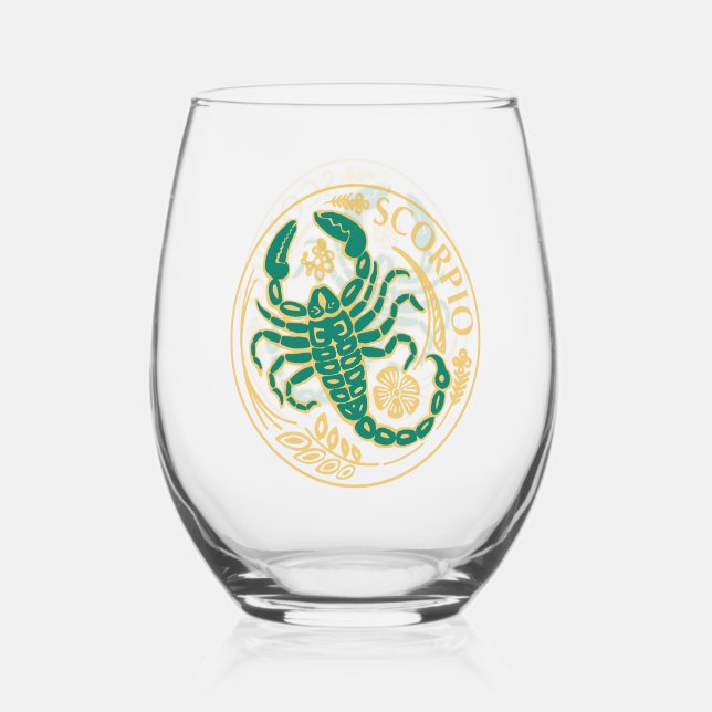 Scorpio Sign of the Zodiac Stemless Wine Glass (Front)