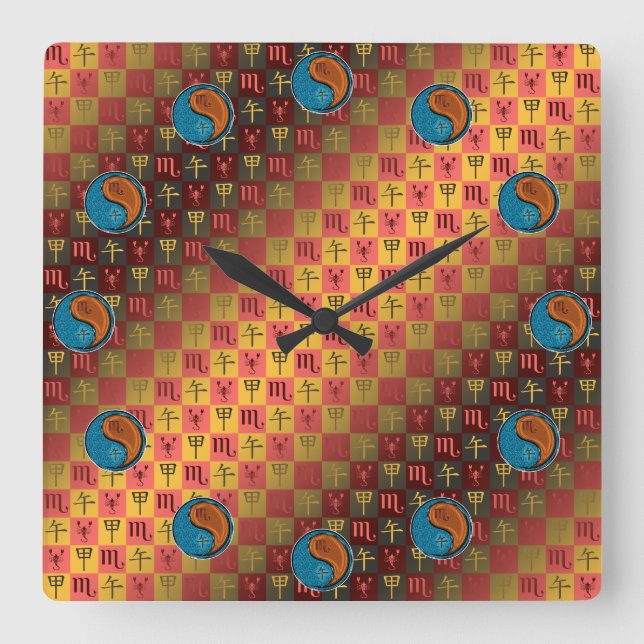 Scorpio & Wood Horse Square Wall Clock (Front)