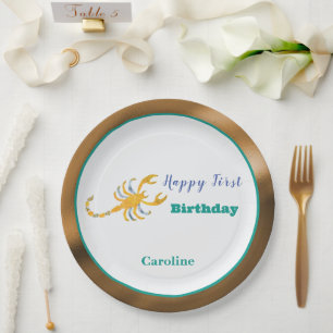 Scorpio Zodiac 1st Birthday Gold & Teal Artistic Paper Plate