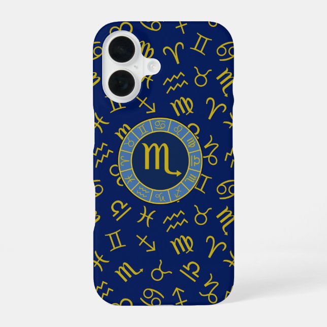 Scorpio Zodiac+Astrology Symbols Pattern Gld+Blues iPhone 16 Case (Back)