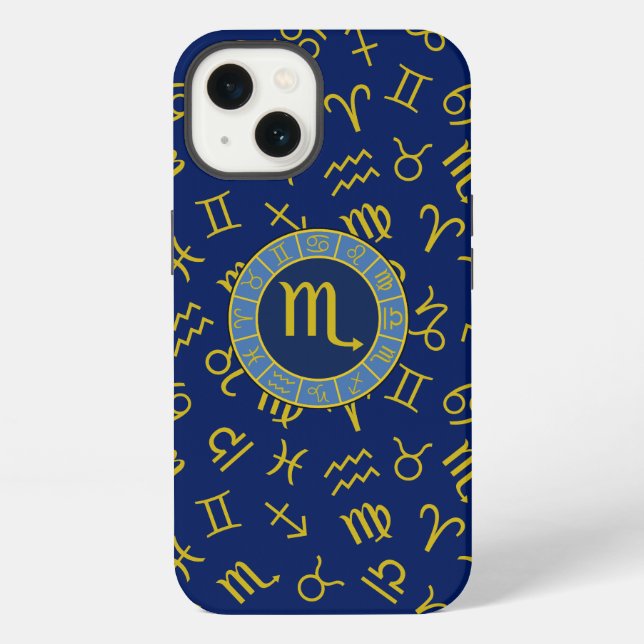 Scorpio Zodiac+Astrology Symbols Pattern Gld+Blues iPhone Case (Back)