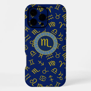 Scorpio Zodiac+Astrology Symbols Pattern Gld+Blues iPhone 16 Pro Max Case