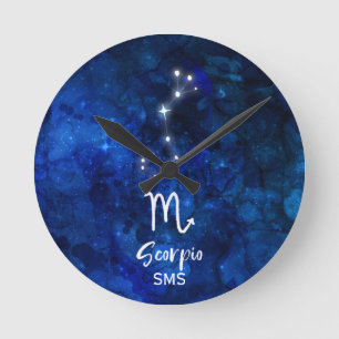 Scorpio Zodiac Constellation Blue Galaxy Monogram Round Clock