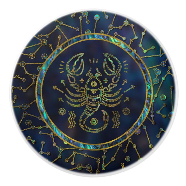 Scorpio Zodiac Gold Abalone on Constellation Ceramic Knob (Front)
