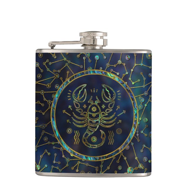 Scorpio Zodiac Gold Abalone on Constellation Hip Flask (Front)