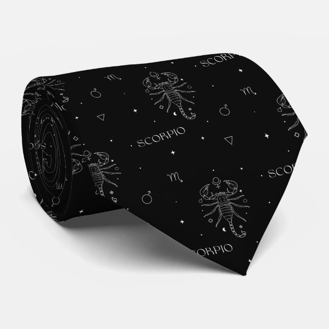 Scorpio Zodiac Pattern in White and Black Tie (Rolled)
