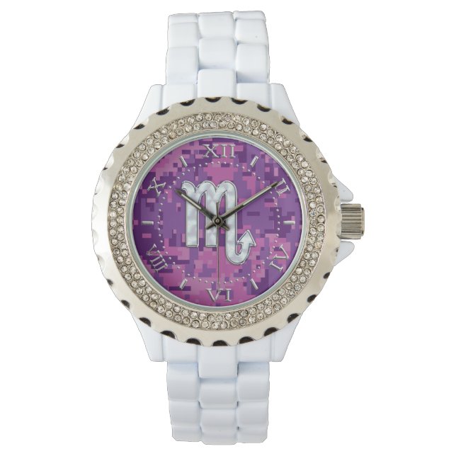 Scorpio Zodiac Pink Fuchsia Digital Camo Dial Watch (Front)