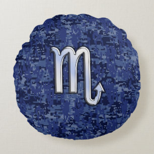 Scorpio Zodiac Sign on Navy Blue Camouflage Decor Round Cushion
