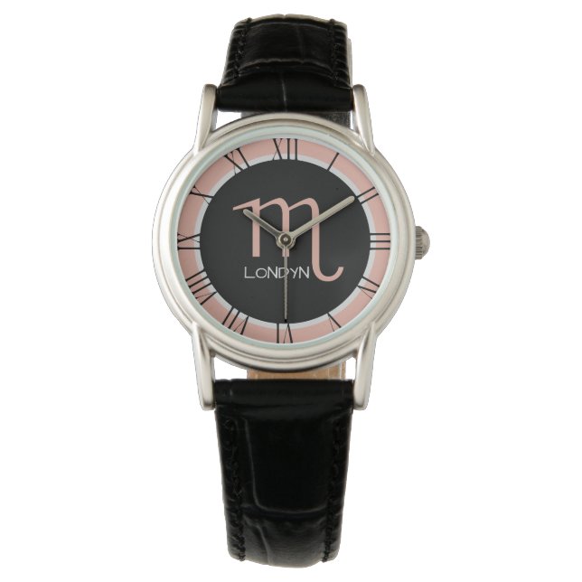 Scorpio Zodiac Sign Rose Pink Black Custom Name Watch (Front)