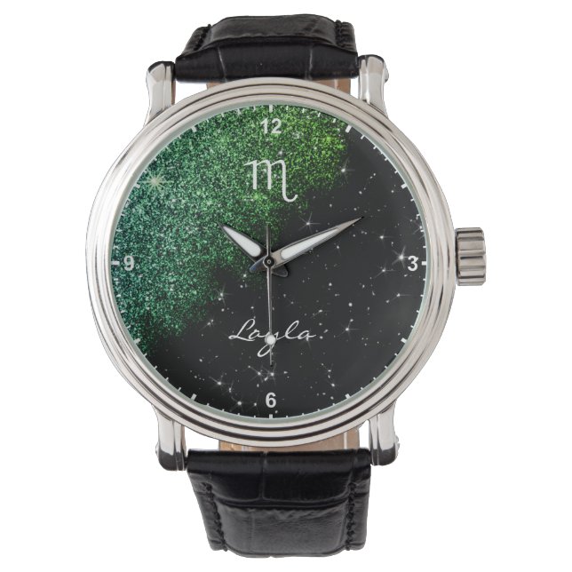 Scorpio Zodiac Sign Teal Green Glitter Stars Name Watch (Front)