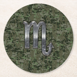 Scorpio Zodiac Sign Woodland Digital Camo Round Paper Coaster