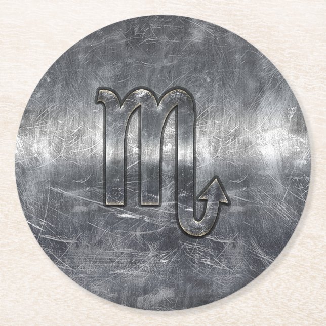 Scorpio Zodiac Symbol in Grunge Metallic Style Round Paper Coaster (Front)