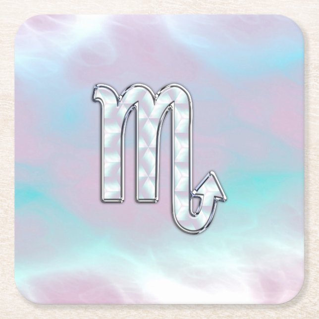 Scorpio Zodiac Symbol in Mother of Pearl Style Square Paper Coaster (Front)