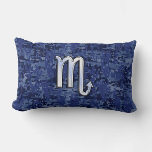 Scorpio Zodiac Symbol on Navy Blue Camo Lumbar Cushion