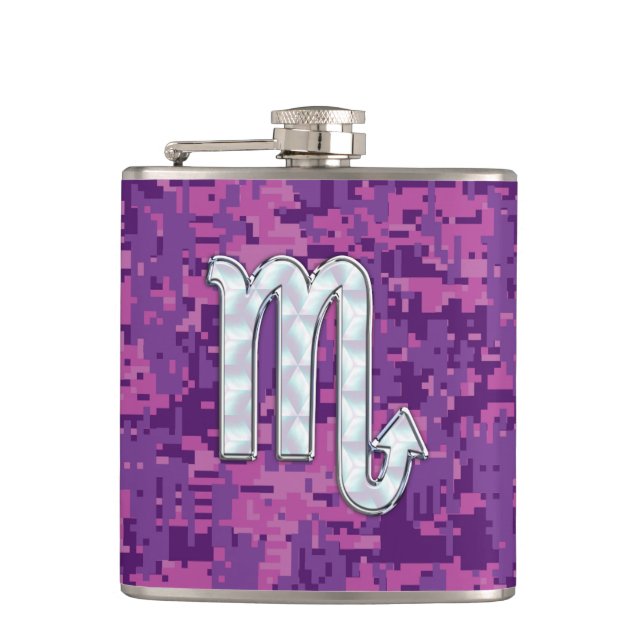 Scorpio Zodiac Symbol on Pink Digital Camouflage Hip Flask (Front)