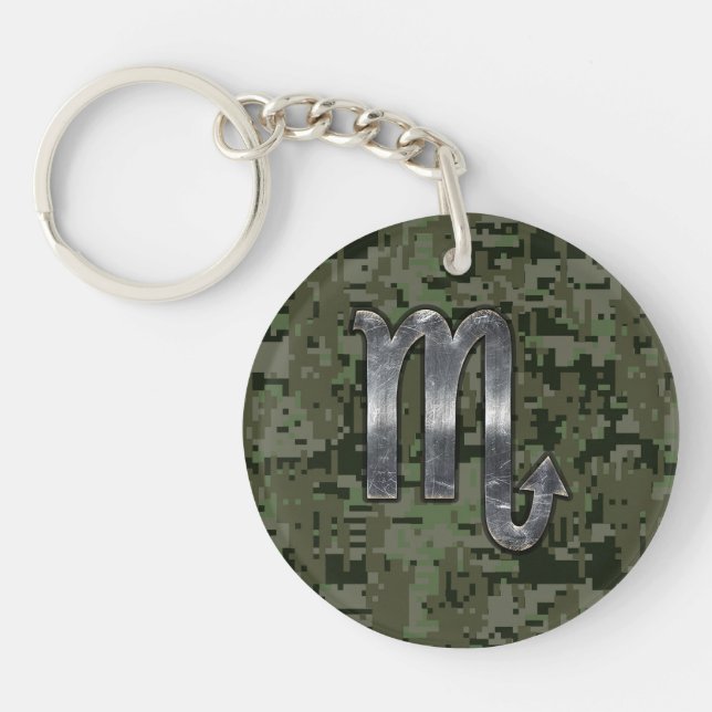 Scorpio Zodiac Symbol Woodland Digital Camo Key Ring (Front)
