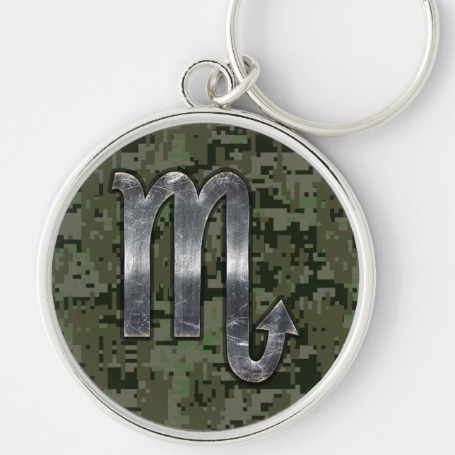 Scorpio Zodiac Symbol Woodland Digital Camo Key Ring (Front)