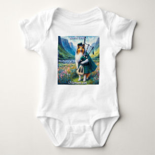Scotch Collie Serenade – Bagpipes & Tartan Whimsy Baby Bodysuit