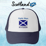 Scotland and Scottish Flag Blue Personalisation  Trucker Hat<br><div class="desc">This trucker hat boats the blue and white St. Andrew's Cross Scot Flag with the word SCOTLAND, in the colours of the flag, underneath. Customise with your name in the provided space, in blue letters. Or, add someone else's name for a personalised gift. Trucker hat can be fun at family...</div>