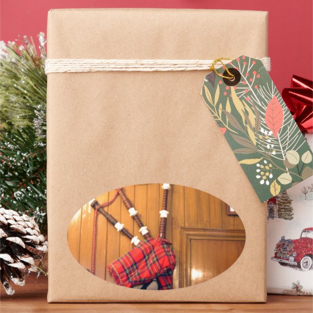 Scotland Bagpipe Tartan Plaid Musical Instrument Oval Sticker (Holiday)