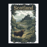 Scotland Design: Highland Cow, Castle, and Scenery Postcard<br><div class="desc">This vintage-inspired travel poster design evokes the spirit of adventure and discovery in Scotland. A majestic castle perches on a craggy hilltop, overlooking a lush valley where a Highland cow grazes peacefully. The poster's rich colors and intricate details capture the essence of the Scottish landscape, from the rolling hills to...</div>