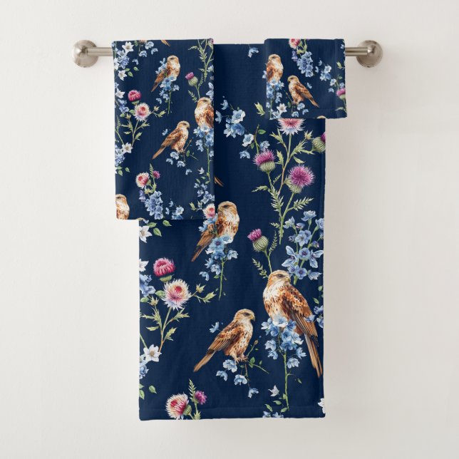 Scotland Eagle Thistle Bluebell Floral Pattern  Bath Towel Set (Insitu)