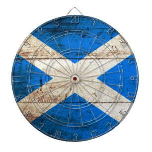 Scotland Flag on Old Wood Grain Dartboard