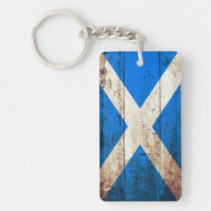 Scotland Flag on Old Wood Grain Key Ring