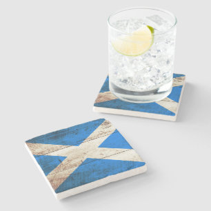 Scotland Flag on Old Wood Grain Stone Coaster
