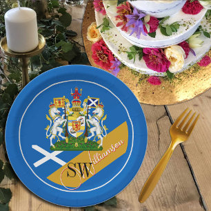 Scotland & Monogram, Scottish Flag / Blue Paper Plate
