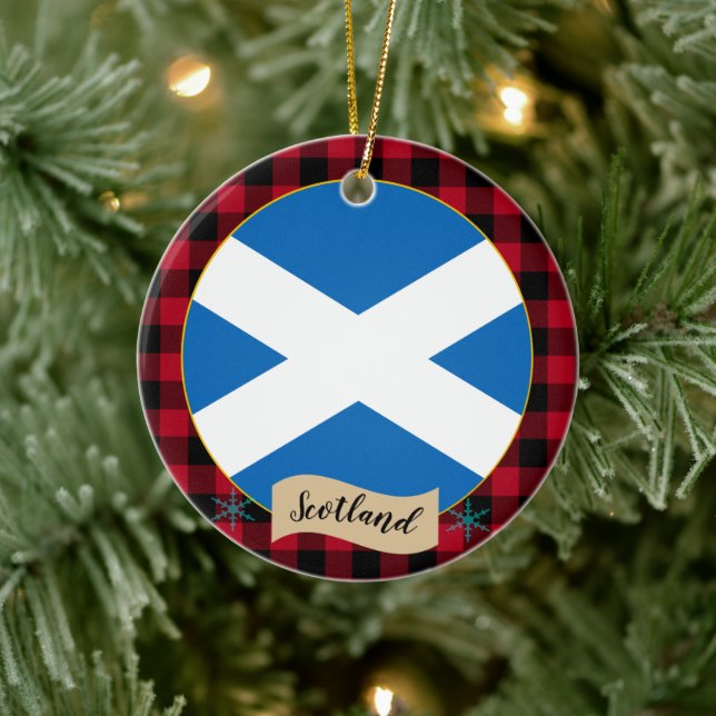 Scotland, Red buffalo plaid & Scottish Flag Ceramic Ornament (Tree)