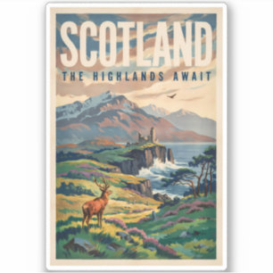 Scotland Scottish Highland Deer Illustration Retro